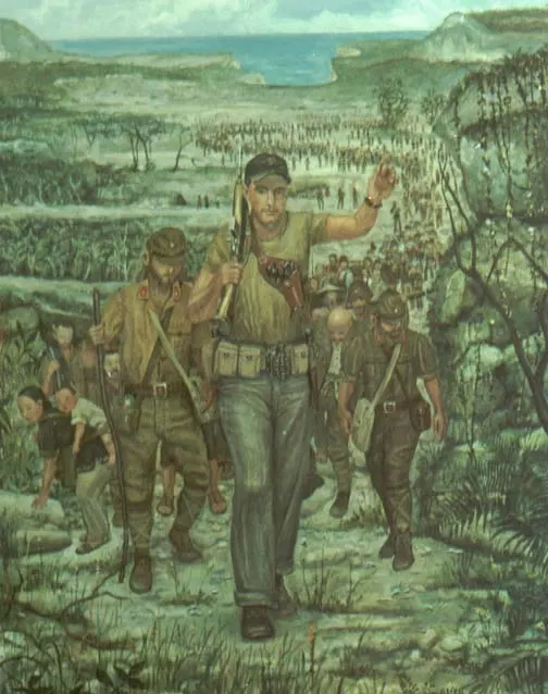 A painting of Guy Gabaldon leading a pack of Japanese captives.