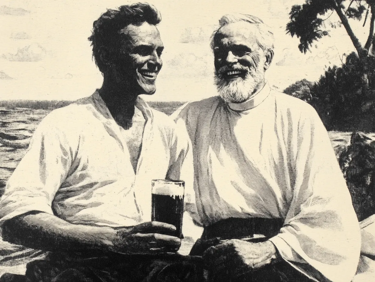 An illustration showing Hans Hornbostel with the local parish priest