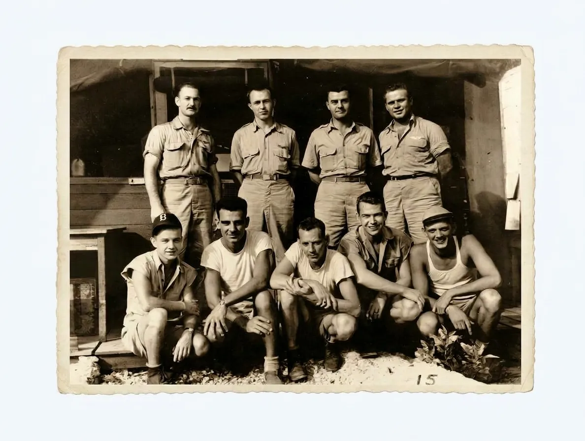 Captain Paul Tibbets and his crew: from the back, left to right, Major Ferebee, Captain Van Kirk, Colonel Tibbets, Captain Lewis Staff Sgt. Caron, Sgt. Stiborik, Staff Sgt. Duzenbury, Pvt. 1st Class Nelson, Sgt. Shumard