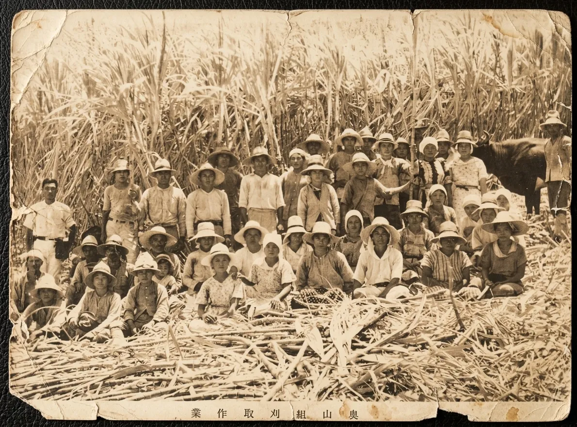 Okuyama –gumi karitori sagyō (Reaping work by the Okuyama group). Group of people gathered together at a sugar cane field.