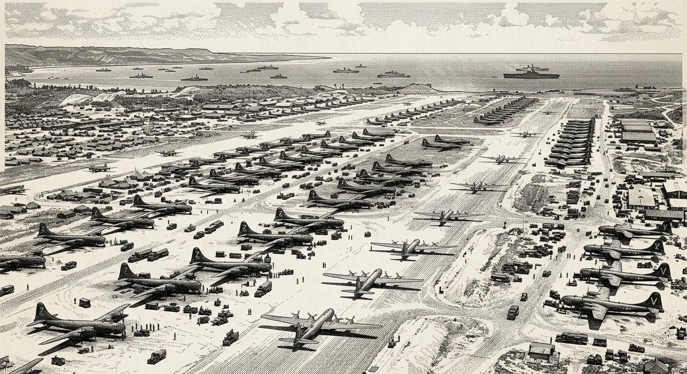 An AI-recreated image of Isely Field on Saipan at the height of its busy operations in 1944