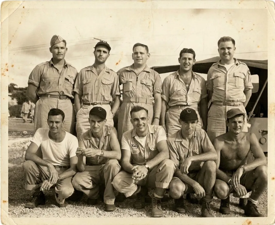 The men who flew Bockscar: From the back, from left, Captain Beahan, Captain Van Pelt, Jr., First Lt. Albury, Second Lt. Olivi, Major Sweeney Staff Sgt. Buckley, Master Sgt. Kuharek, Sgt. Gallagher, Staff Sgt. DeHart, Sgt. Spitzer
