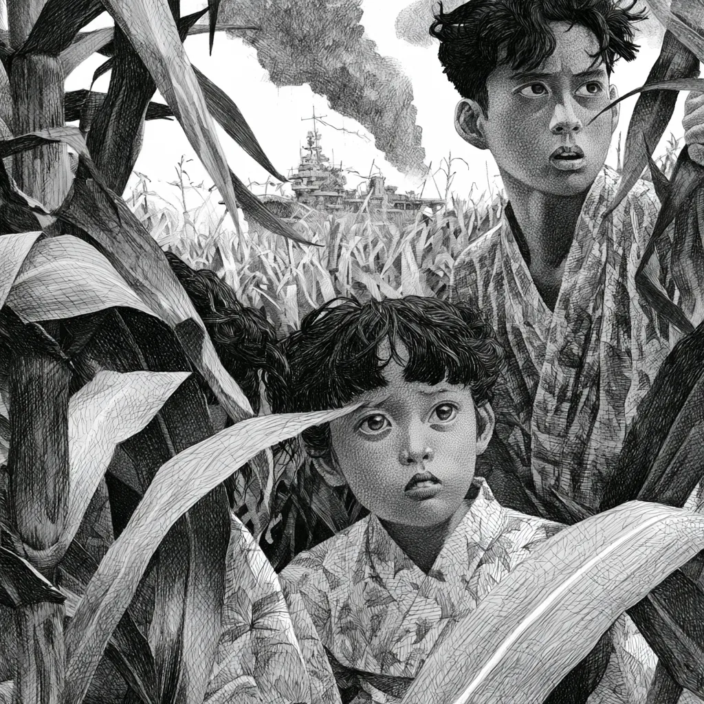 Reimagined memory of the siblings running in the sugarcane farm as they flee during the bombing of the island.