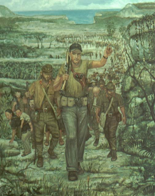 A painting of Guy Gabaldon leading a pack of Japanese captives. 