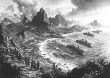 An artist's illustration of the invasion of the island in 1944.