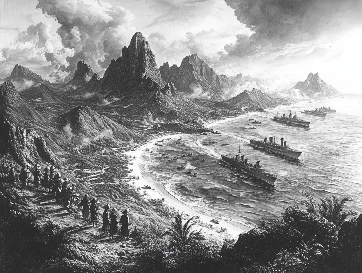 An artist's illustration of the invasion of the island in 1944.