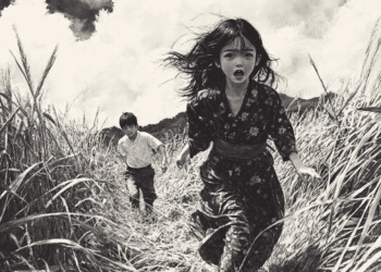 A girl and her brother running in the sugarcane fields