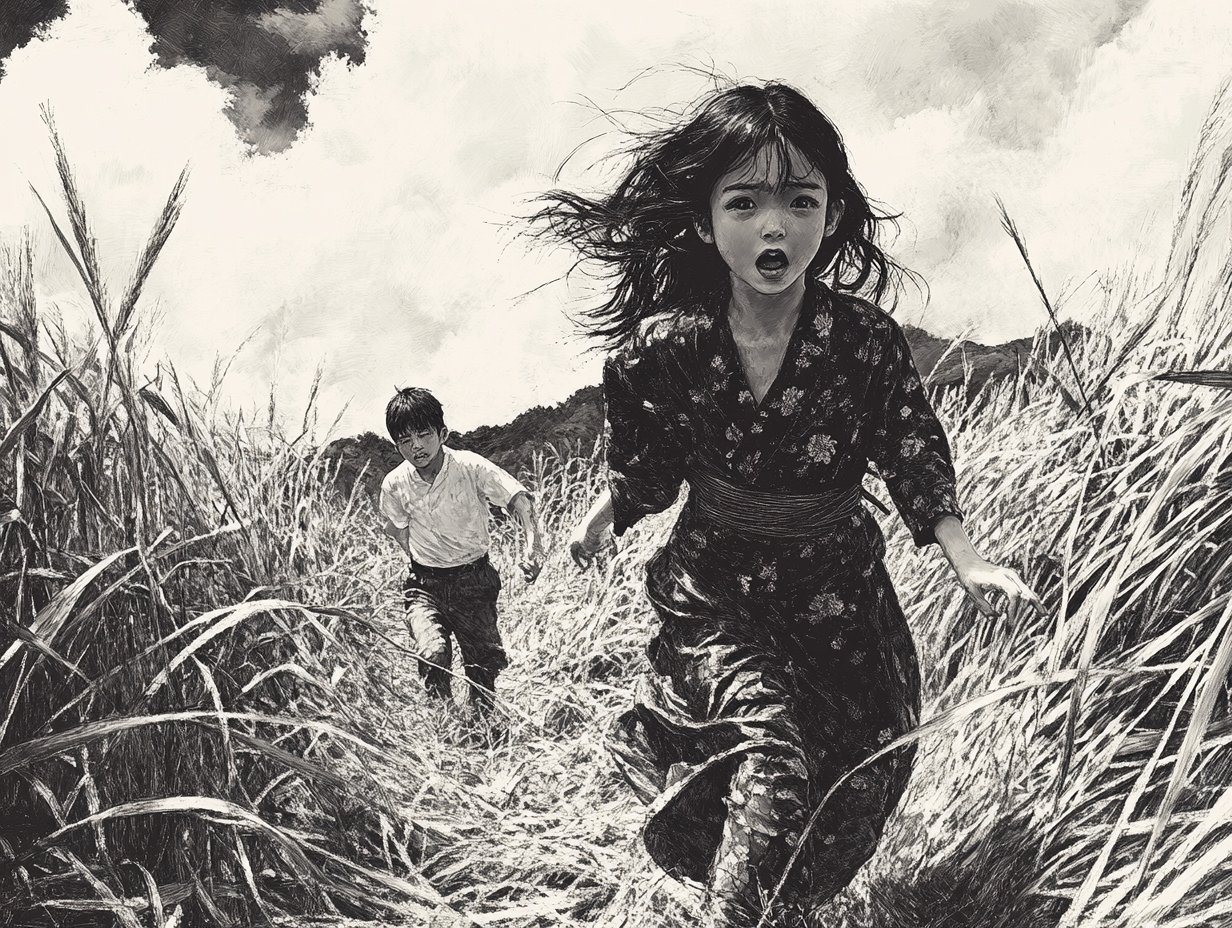 A girl and her brother running in the sugarcane fields