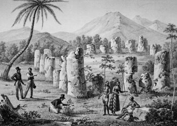 The latte stone ruins on Rota from 'Voyage Autour du Monde sur les Corvettes de L'Uranie' engraved by Fortier and E. Aubert.