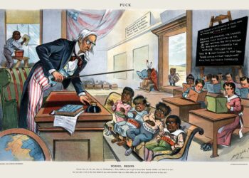 An 1899 Puck Magazine cartoon shows Uncle Sam lecturing four children labelled Philippines (who appears similar to Philippine leader Emilio Aguinaldo), Hawaii, Porto[sic] Rico and Cuba in front of children holding books labelled with various U.S. states. In the background are an American Indian holding a book upside down, a Chinese boy at the door and a black boy cleaning a window.