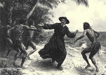 Fr San Vitores being attacked by enraged locals who are convinced by Choco that the holy water is poison.