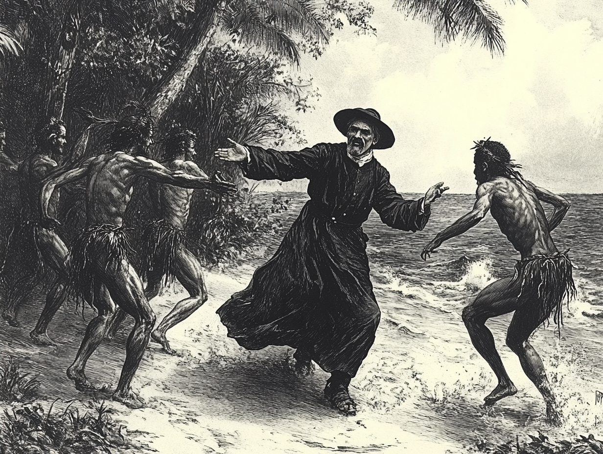 Fr San Vitores being attacked by enraged locals who are convinced by Choco that the holy water is poison.