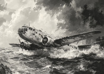 An illustration of a plane crash landing in the water