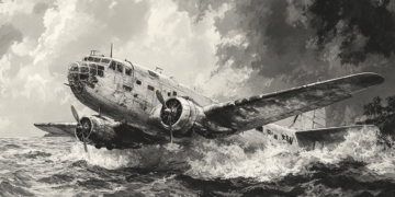 An illustration of a plane crash landing in the water