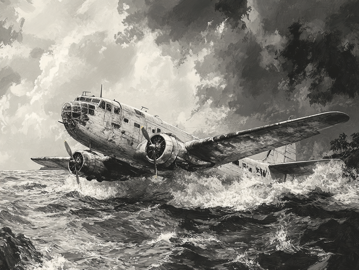 An illustration of a plane crash landing in the water